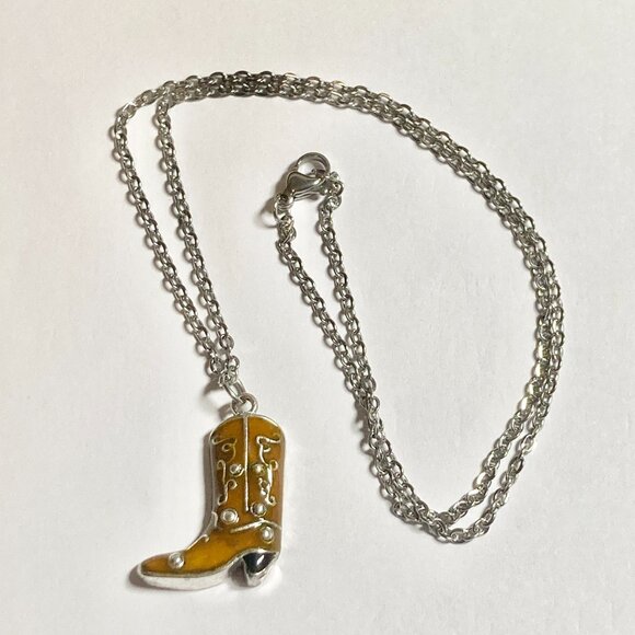 Cowboy Boot Necklace Cowgirl Brown Enamel Country Western Stainless Steel 20" - Picture 6 of 9